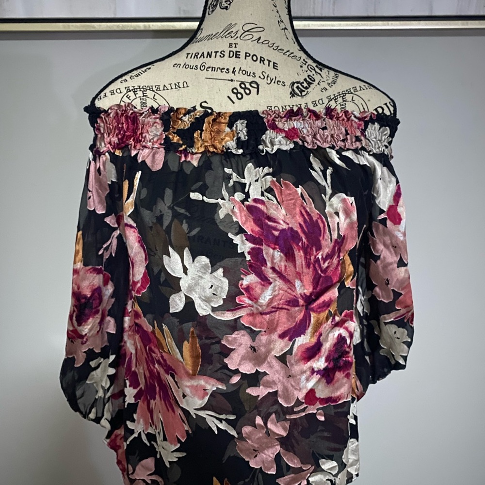 White House Black Market Floral Off-Shoulder Blouse - Pink, Black, White